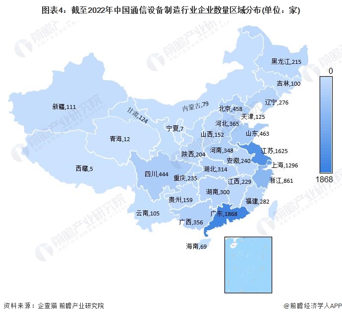 图表4：截至2022年中国通信设备制造行业企业数量区域分布(单位：家)